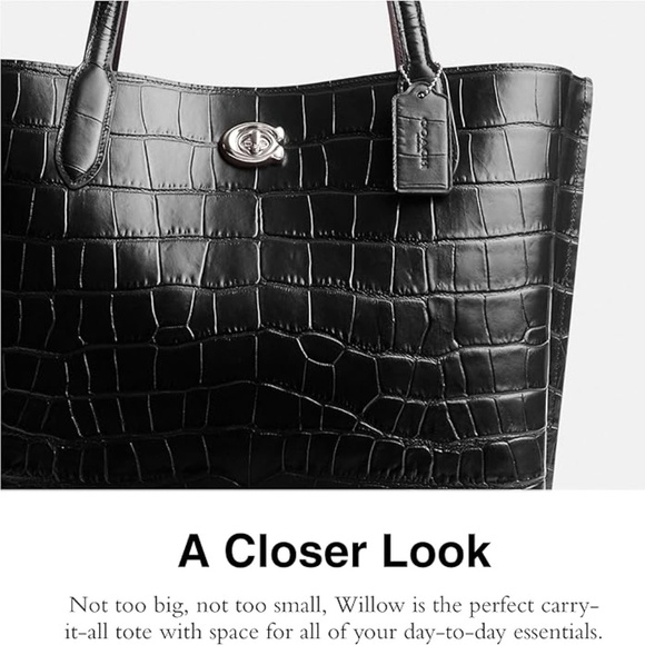 Coach Embossed Croc Black Willow Tote Bag - Picture 3 of 6
